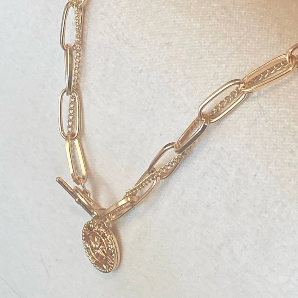 Golden Layered Paperclip Chain, Toggle Clasp, Compass Pendant, Engraved Quote!
